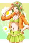  778-go breasts cleavage flower goggles goggles_on_head green_eyes green_hair gumi hand_on_hip headphones headset hips jacket megpoid_(vocaloid3) midriff navel salute short_hair skirt smile solo suspenders under_boob underboob vocaloid wink 