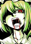  bad_id blonde_hair blood blood_in_mouth blood_stain bloodstains close-up collarbone face fangs flandre_scarlet green_hair hair_over_one_eye hat karute looking_at_viewer one_eye_covered open_mouth red_eyes short_hair side_ponytail solo the_embodiment_of_scarlet_devil touhou 