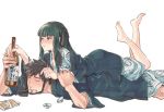  black_hair brown_hair darker_than_black drunk facial_hair feet goatee green_hair hands hazuki_mina_(darker_than_black) headband japanese_clothes kimono long_hair lying ocha_(oteaaa) on_stomach robe sake shizume_genma 