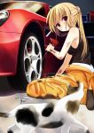 asakura_ryou_(artist) blonde_hair car cat dirty long_hair looking_at_viewer mechanic motor_vehicle original red_eyes sitting solo tank_top vehicle wariza 