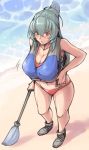  beach bikini blush boots breasts cleavage curvy large_breasts life_vest oar red_eyes rozen_maiden rozenweapon silver_hair sketch suigintou swimsuit water 