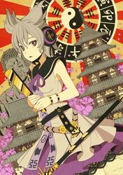  1girl ba_gua bad_id brown_eyes buddha dutch_angle east_asian_architecture grey_hair ogino_(oginogino) pagoda rising_sun ritual_baton scabbard sheath sheathed short_hair solo statue sword touhou toyosatomimi_no_miko trigram weapon yin_yang 