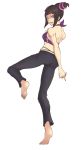  angry back barefoot bikini_top feet fighting_stance glaring han_juri itom03 jeans looking_back middle_finger open_mouth soles solo standing_on_one_leg street_fighter street_fighter_iv toes twintails 