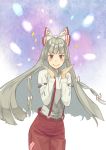  &gt;:) 1girl arm_garter bangs blunt_bangs blush_stickers fujiwara_no_mokou grey_hair hair_ribbon long_hair long_sleeves p_no_hito pose ribbon silver_hair solo sparkle suspenders touhou very_long_hair 