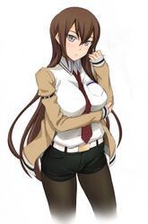  breast_hold breasts brown_hair crossed_arms jacket large_breasts legwear_under_shorts makise_kurisu necktie nora_shinji pantyhose shorts steins;gate thighs 