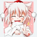  ^_^ animal_ears blush bust closed_eyes detached_sleeves eyes_closed face fang hat inubashiri_momiji open_mouth raised_finger silver_hair smile solo syachi tokin_hat touhou white_hair wolf_ears 