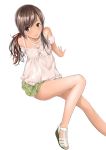  arm_support bare_legs bare_shoulders brown_eyes brown_hair camisole highres hitori_(htr_t) jewelry legs long_hair necklace original sandals simple_background sitting skirt smile solo 