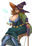  breasts brown_eyes brown_hair cape chair cleavage cravat crossed_legs curly_hair glasses grand_knights_history hat high_heels highres huge_breasts jewelry long_hair magic muse_cromwell pantyhose ring scepter shoes sitting solo witch_hat zarusobababa 