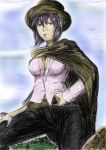 belt breasts cape cleavage drawfag ghost_in_the_shell hand_on_hip hat highres hips kusanagi_motoko lips purple_hair solo the_good_the_bad_and_the_ugly western 