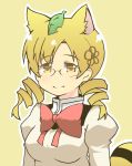  animal_ears blonde_hair breasts drill_hair eichikei fusion futatsuiwa_mamizou glasses hair_ornament heart heart-shaped_pupils kemonomimi_mode leaf leaf_of_head leaf_on_head mahou_shoujo_madoka_magica namesake no_nose parody pun raccoon_ears raccoon_tail school_uniform simple_background smile solo symbol-shaped_pupils tail tomoe_mami touhou yellow_eyes 