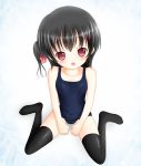  1girl bare_shoulders black_hair black_legwear collarbone hair_ornament hairclip highres long_hair one-piece_swimsuit open_mouth original red_eyes school_swimsuit side_ponytail sitting smile solo swimsuit thigh-highs thighhighs wariza 