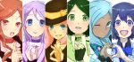  blue_eyes blue_hair blush brown_hair green_eyes green_hair inazuma_eleven inazuma_eleven_(series) kino_aki kudou_fuyuka long_hair multiple_girls open_mouth otonashi_haruna parody pink_hair purple_hair raimon_natsumi short_hair urabe_rika uta_no_prince-sama wink zaizen_touko 