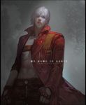  abs dante devil_may_cry devil_may_cry_3 elna fingerless_gloves gloves hair_over_one_eye jeans lips long_sleeves male no_shirt open_clothes overcoat short_hair silver_hair solo 