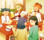  3boys adult bad_id blue_hair blush brown_hair chopsticks closed_eyes drinking drunk endou_mamoru eyes_closed food glasses green_hair hairlocs headband inazuma_eleven inazuma_eleven_(series) inazuma_eleven_go kidou_yuuto kino_aki kogure_yuuya multiple_boys multiple_girls necktie open_mouth otonashi_haruna purin_(pinkcotton) short_hair sitting smile 