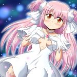  blush breasts choker dress goddess_madoka hair_ribbon kaname_madoka long_hair mahou_shoujo_madoka_magica no_bra orange_eyes pink_hair ribbon sanaemaru smile solo twintails ultimate_madoka 