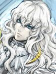  armor berserk blue_eyes dutch_angle griffith long_hair male solo white_hair you-ji 