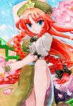  blue_eyes bow braid cherry_blossoms china_dress chinese_clothes fighting_stance flower hair_bow hat highres hong_meiling leg_up long_hair petals red_hair redhead smile solo star touhou traditional_media twin_braids wrist_cuffs yui_(calling_dr_love_m) 