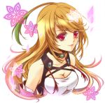  blonde_hair breasts choker cleavage colored_eyelashes gradient_hair green_hair janne1230 long_hair milla_maxwell multicolored_hair red_eyes smile solo tales_of_(series) tales_of_xillia taut_shirt tubetop xillia_symbol 