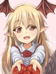  1girl :d blonde_hair box fang gift gift_box granblue_fantasy hazuki_mahiro head_wings long_hair open_mouth pointy_ears red_eyes shingeki_no_bahamut shirt smile tail valentine vampy 