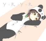  600224 black_hair brown_eyes buttons funami_yui glenn_(600224) leaf lying on_back pajamas panda panda_costume solo yuru_yuri 