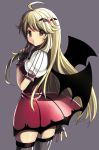  ahoge bad_id bat_wings blonde_hair fingerless_gloves from_behind gloves green_eyes hoshii_miki idolmaster looking_back my_dear_vampire simple_background skindentation solo soraruru thigh-highs thighhighs wings yui_tooru zettai_ryouiki 