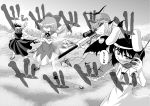  big_damn_heroes gonnzou gun highres inaba_tewi monochrome multiple_girls mystia_lorelei ribbon rifle rumia shaded_face sniper_rifle team_9 touhou tree weapon wings 