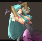  aqua_eyes aqua_hair armpit armpits arms_behind_head bare_shoulders bat_wings breasts capcom chuppa_(katotsuba) cleavage cleavage_cutout darkstalkers demon_girl elbow_gloves gloves head_wings large_breasts leotard letterboxed lipstick long_hair morrigan_aensland pantyhose print_pantyhose smile solo succubus vampire_(game) wings 