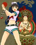  beads belt brown_hair buddha green_eyes hat midriff mound_of_venus mudra murasa_minamitsu navel open_mouth prayer_beads sailor scroll short_hair shorts solo stretched_earlobes touhou tsurui vajra_mudra 