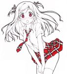  absurdres blush character_request embarrassed face highres kantoku kurumi_(kantoku) long_hair monochrome necktie original plaid red_eyes simple_background skinny skirt skirt_lift solo spot_color surprised thigh-highs thighhighs white_shirt wind 