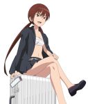  bare_legs breasts cleavage collarbone crossed_legs highres jacket_on_shoulders legs_crossed long_hair midriff musujime_awaki navel open_mouth pleated_skirt red_eyes red_hair redhead sarashi school_uniform shoes simple_background sitting skirt smile smile_(rz) solo suitcase to_aru_majutsu_no_index twintails very_long_hair 