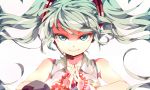  bad_id beads face floating_hair green_eyes green_hair hatsune_miku headset looking_at_viewer prayer_beads praying simple_background smile solo twintails umiko_(munemiu) vocaloid 