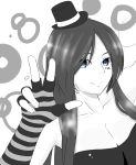  blue_eyes breasts cleavage drawfag earrings fingerless_gloves gloves hair_over_one_eye hat jewelry long_hair mini_top_hat monochrome portrait solo spot_color striped_gloves top_hat v 