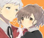  1girl bandaid bow brown_eyes brown_hair couple extpil face female_protagonist_(persona_3) grey-hair grey_eyes grey_hair hair_ornament mota_(extpil) persona persona_3 persona_3_portable ribbon sanada_akihiko school_uniform smile 