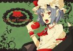  1girl bad_id bat_wings bust cross english fangs hat holding ogino_(oginogino) open_mouth pointy_ears red_eyes remilia_scarlet solo tomato touhou vampire wings wrist_cuffs 
