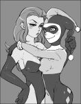  batman_(series) blush bodysuit breasts cleavage couple dc_comics elbow_gloves gloves harley_quinn hat jester leotard long_hair monochrome multiple_girls picoheads poison_ivy yuri 