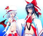  2girls alternate_costume bat_wings black_hair blush bow demon_girl elbow_gloves fang gloves hair_bow hakurei_reimu highres kentairui long_hair long_sleeves looking_at_viewer multiple_girls navel red_eyes red_legwear remilia_scarlet silver_hair sleeves_past_wrists smile thigh-highs touhou white_gloves white_legwear wings 