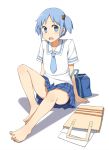  barefoot blue_hair feet hair_cubes hair_ornament naganohara_mio nichijou school_uniform short_hair short_twintails skirt toes twintails yuuhi 