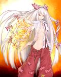  bow breasts dress_shirt fire fujiwara_no_mokou hair_bow hand_in_pocket highres ise_(0425) long_hair navel no_bra open_clothes open_shirt pants red_eyes shirt silver_hair smile solo suspenders torn_clothes touhou very_long_hair 