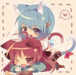  animal_ears blue_eyes blue_hair cat_ears cat_tail fang hair_ornament hair_ribbon hairclip heart hetaling kemonomimi_mode mahou_shoujo_madoka_magica miki_sayaka multiple_girls plaid red_eyes red_hair redhead ribbon sakura_kyouko shin_(hetaling) tail tail_ribbon trembling wince wink 