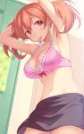  1girl armpits bow_bra bra breasts brown_eyes brown_hair cleavage dressing guchico hataraku_maou-sama! large_breasts locker_room mouth_hold navel pink_bra plaid_bra sasaki_chiho skirt solo underwear 