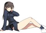  1girl boots brown_hair johanna_wiese long_hair military military_uniform ningen_(ningen96) ribbon simple_background sitting strike_witches uniform 