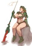  bikini_armor breasts brown_hair copyright_request gauntlets highres large_breasts polearm red_eyes rock short_hair simple_background solo spear weapon zarusobababa 