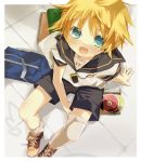  bag blonde_hair blue_eyes cd child digital_media_player earphones from_above hekicha kagamine_len kneehighs male open_mouth shoes solo vocaloid 