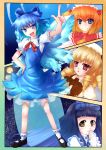  black_hair blonde_hair blue_eyes blue_hair cirno dress hair_ribbon highres luna_child mary_janes open_mouth red_eyes ribbon shoes smile star star_sapphire sunny_milk touhou twintails wings yanagi_ryou yellow_eyes 