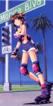  amazing_nurse_nanako breasts brown_hair cutoffs denim denim_shorts erect_nipples highres inline_skates large_breasts long_hair nanako_kaitai_shinsho official_art outdoors palm_tree red_eyes roller_skates shichigusa_nanako shorts skates solo striped tree 