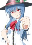  blue_hair bow bust clenched_hand face fist food fruit hand_on_hip hands hat hinanawi_tenshi hips leaf long_hair looking_at_viewer mattari_yufi outstretched_hand peach red_eyes ribbon smile solo touhou 