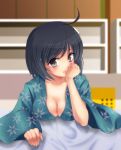  amayofuu araragi_tsukihi bakemonogatari black_eyes black_hair breasts cleavage japanese_clothes kimono monogatari_(series) short_hair 
