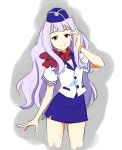  breasts cleavage drawfag hat idolmaster long_hair miniskirt purple_eyes purple_hair scarf shijou_takane side_slit skirt stewardess uniform violet_eyes watch wristwatch 