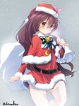  1girl absurdres bell belt brown_eyes brown_hair chamu_(chammkue) contrapposto crescent crescent_moon_pin dress hair_ornament hat highres kantai_collection kisaragi_(kantai_collection) long_hair looking_at_viewer red_dress sack santa_costume santa_hat smile thigh-highs white_legwear zettai_ryouiki 