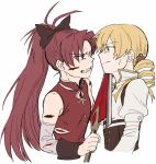  blonde_hair clenched_teeth cuts face frown injury magical_girl mahou_shoujo_madoka_magica multiple_girls polearm red_eyes red_hair redhead sakura_kyouko simple_background spear threat tomoe_mami torinone weapon yellow_eyes 
